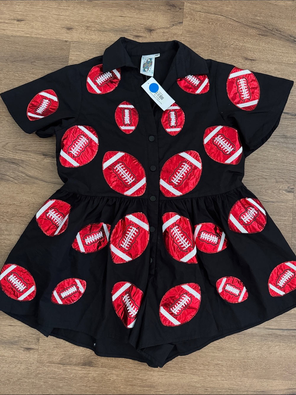 NWT QUEEN OF SPARKLES Black Romper with Red Football Appliqués